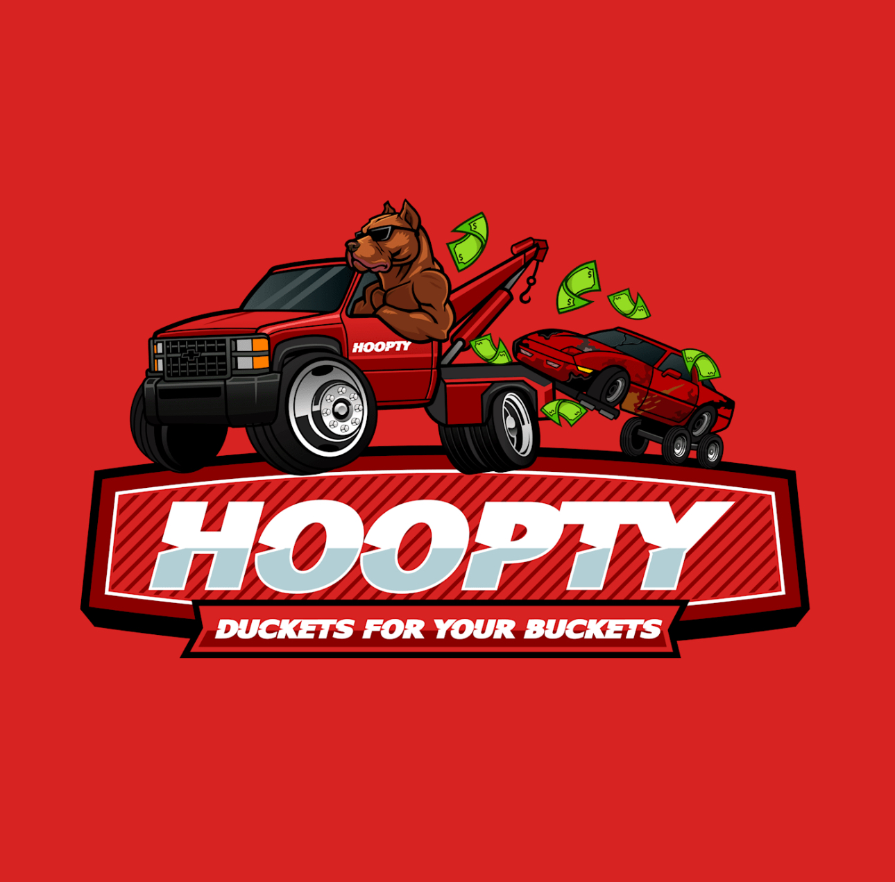 Hoopty mascot in a red tow truck hauling an old car. Duckets for your buckets.